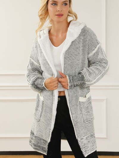 Open Front Hooded Winter Coat with Pockets - Coat - White - Bella Bourget