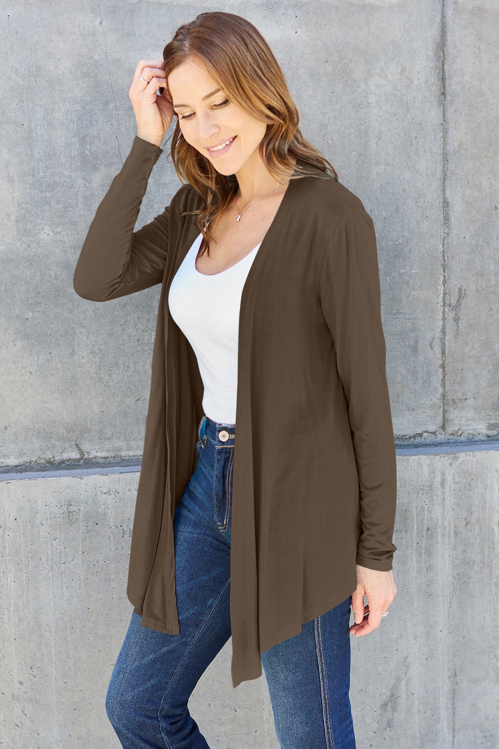 Open Front Long Sleeve Cardigan - Kimono - Chestnut - Bella Bourget