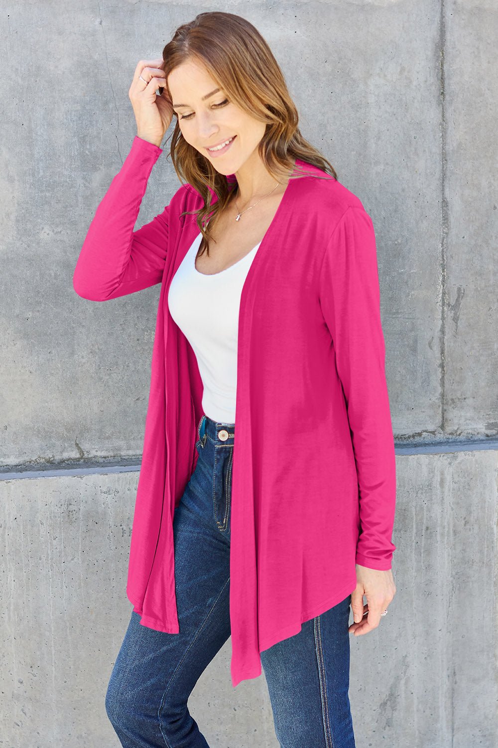 Open Front Long Sleeve Cardigan - Kimono - Hot Pink - Bella Bourget