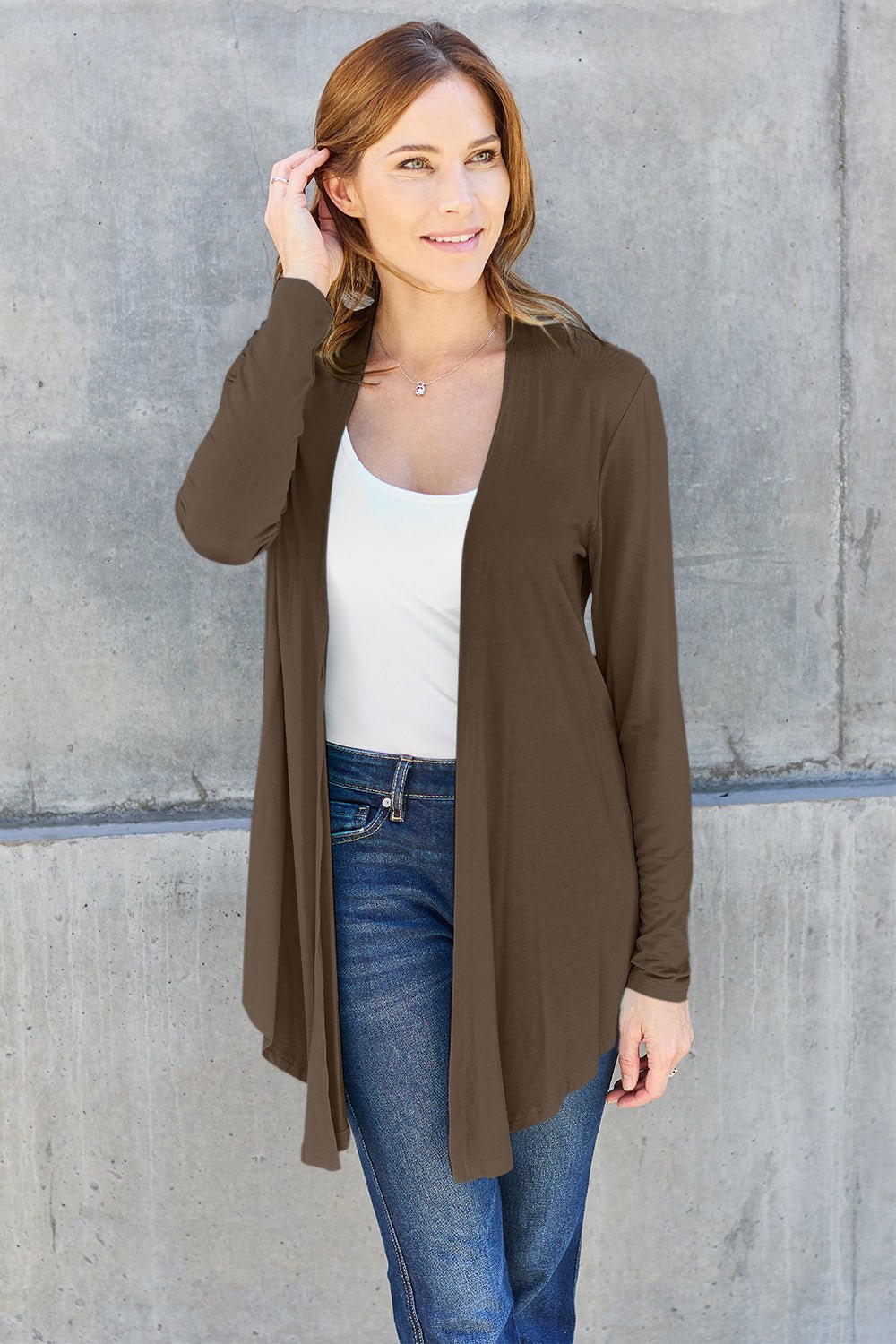 Open Front Long Sleeve Cardigan - Kimono - Chestnut - Bella Bourget