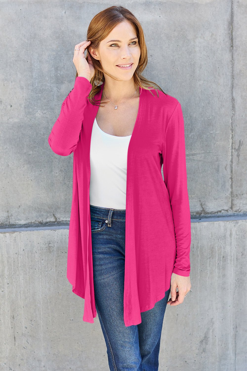 Open Front Long Sleeve Cardigan - Kimono - Hot Pink - Bella Bourget