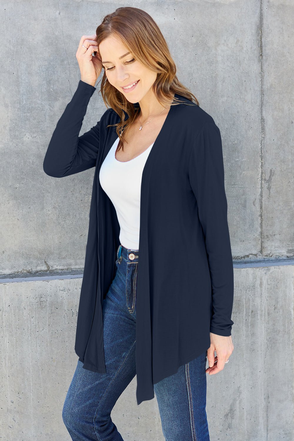 Open Front Long Sleeve Cardigan - Kimono - Dark Navy - Bella Bourget