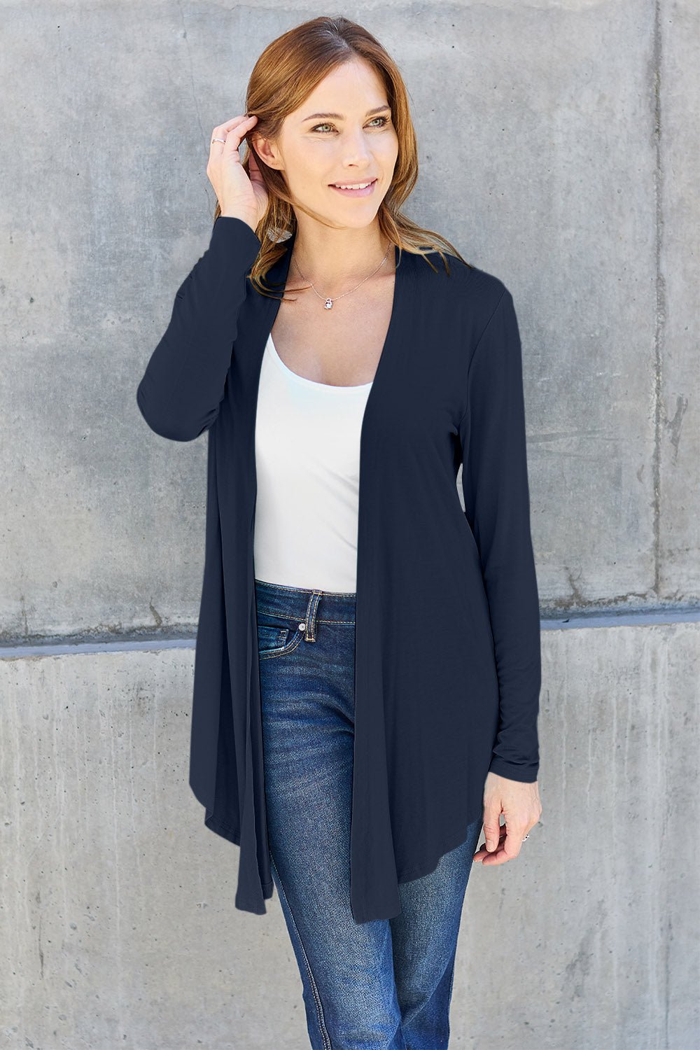 Open Front Long Sleeve Cardigan - Kimono - Dark Navy - Bella Bourget