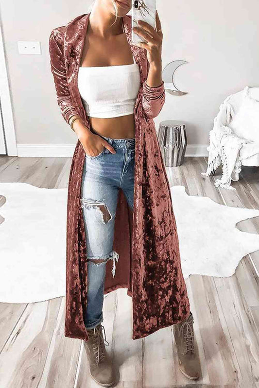 Open Front Long Sleeve Longline Velvet Cardigan - Cardigan - Pale Blush - Bella Bourget