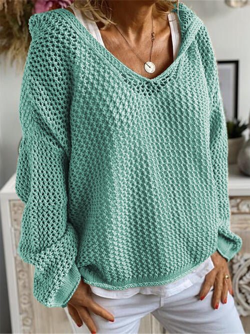 Openwork Hooded Long Sleeve Sweater - Open Weave Sweater - Teal - Bella Bourget