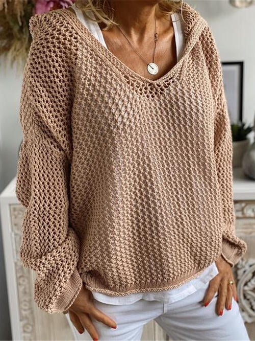 Openwork Hooded Long Sleeve Sweater - Open Weave Sweater - Tan - Bella Bourget