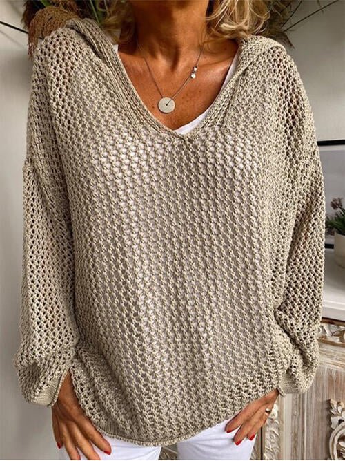 Openwork Hooded Long Sleeve Sweater - Open Weave Sweater - Khaki - Bella Bourget