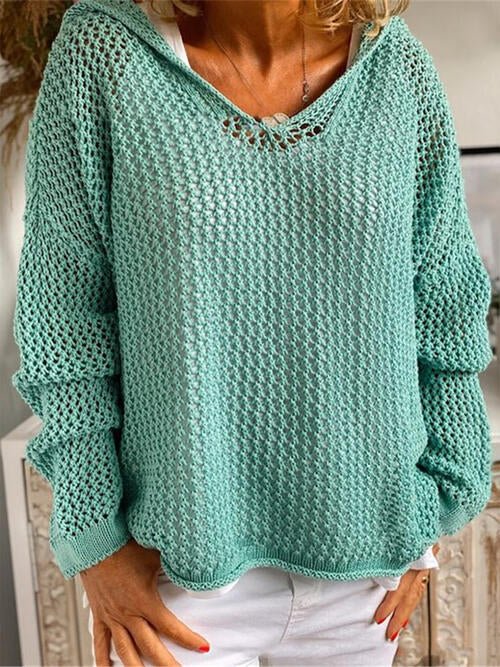 Openwork Hooded Long Sleeve Sweater - Open Weave Sweater - Teal - Bella Bourget