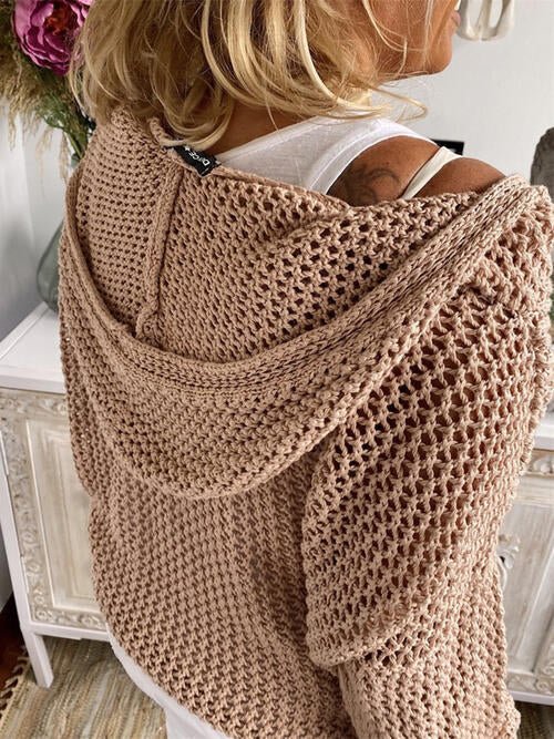 Openwork Hooded Long Sleeve Sweater - Open Weave Sweater - Tan - Bella Bourget