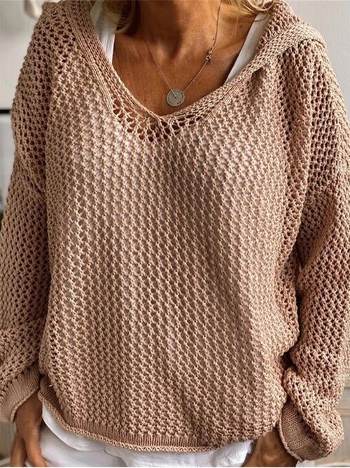 Openwork Hooded Long Sleeve Sweater - Open Weave Sweater - Tan - Bella Bourget