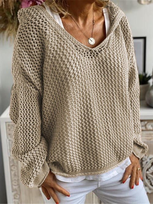 Openwork Hooded Long Sleeve Sweater - Open Weave Sweater - Khaki - Bella Bourget