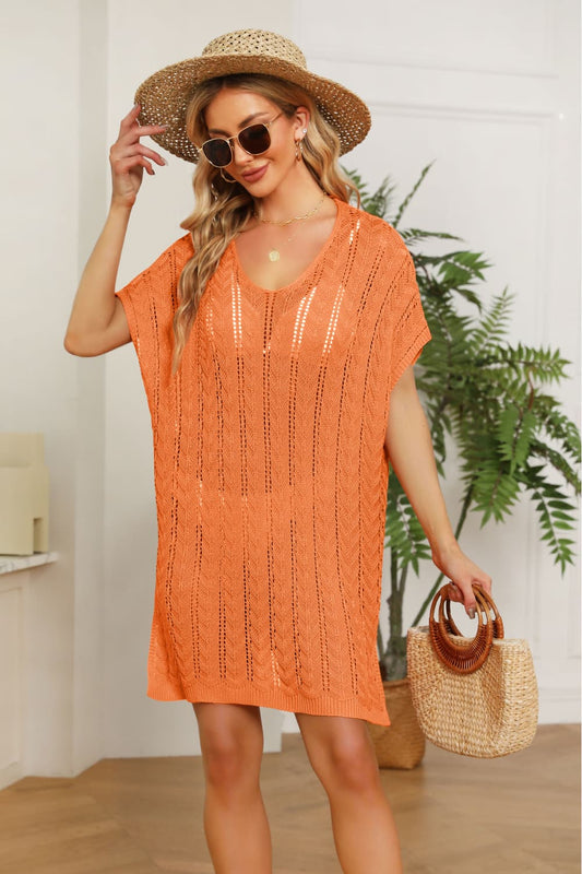 Openwork Side Slit Knit Dress - Cover Up - Orange - Bella Bourget