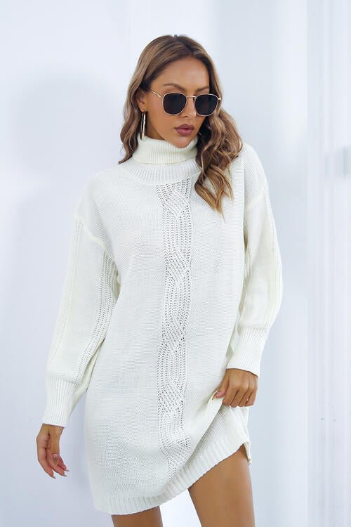 Openwork Turtleneck Long Sleeve Sweater Dress - Sweater Dress - White - Bella Bourget