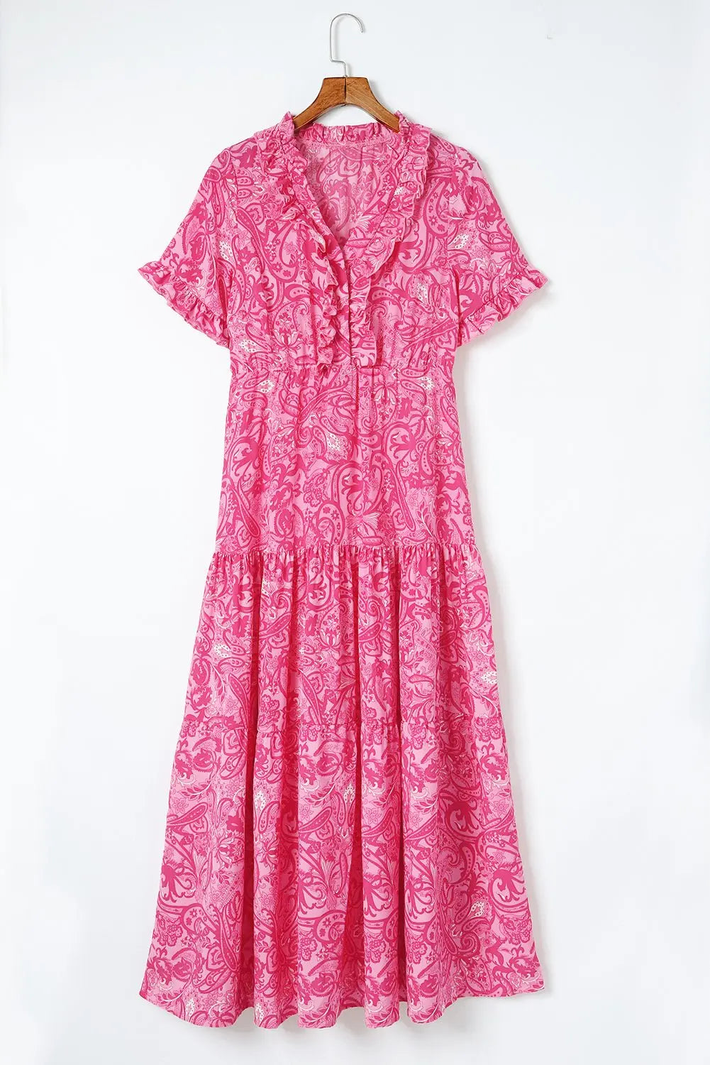 Paisley Print Flounce Sleeve Maxi Dress - Dress - Hot Pink - Bella Bourget