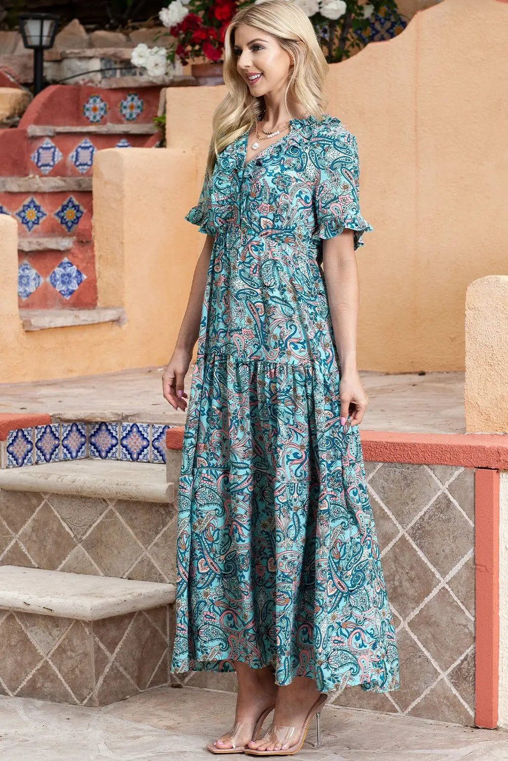 Paisley Print Flounce Sleeve Maxi Dress - Dress - Turquoise - Bella Bourget