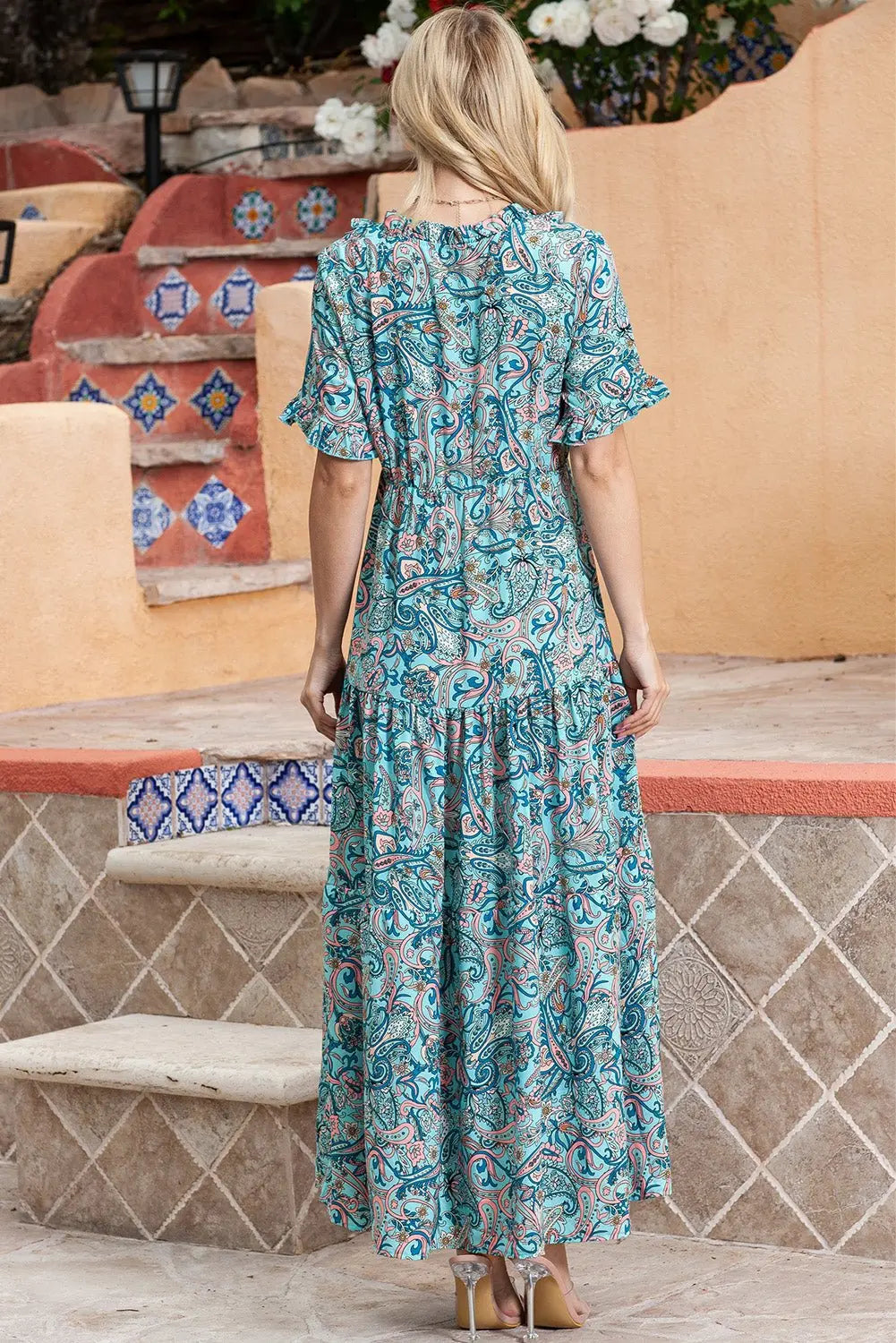 Paisley Print Flounce Sleeve Maxi Dress - Dress - Turquoise - Bella Bourget