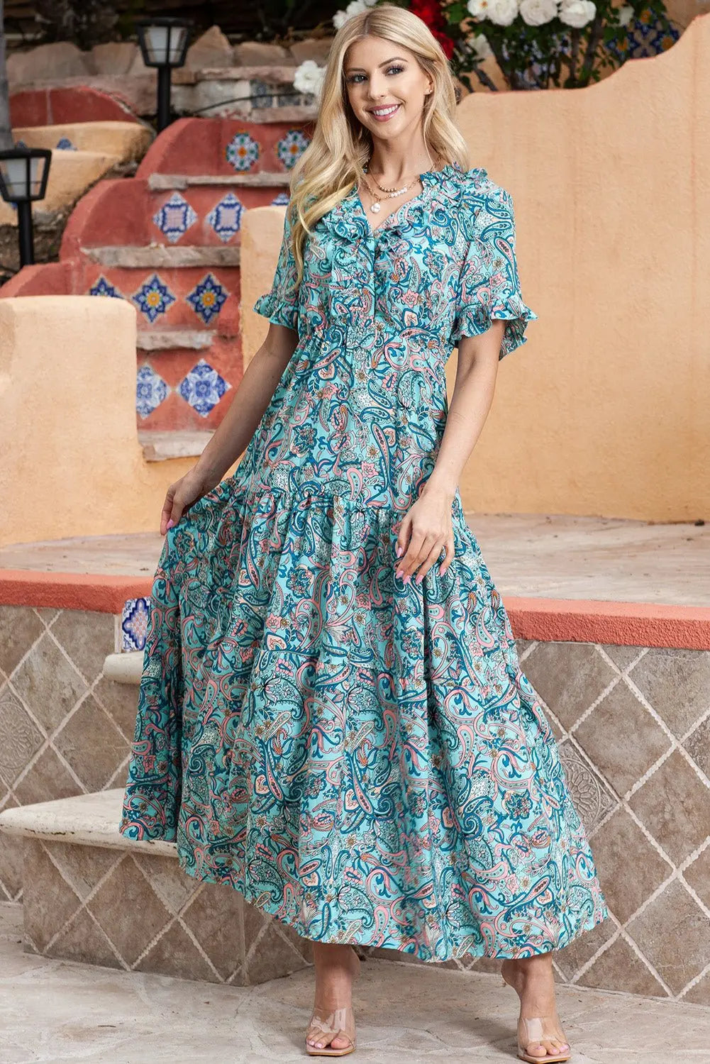 Paisley Print Flounce Sleeve Maxi Dress - Dress - Turquoise - Bella Bourget