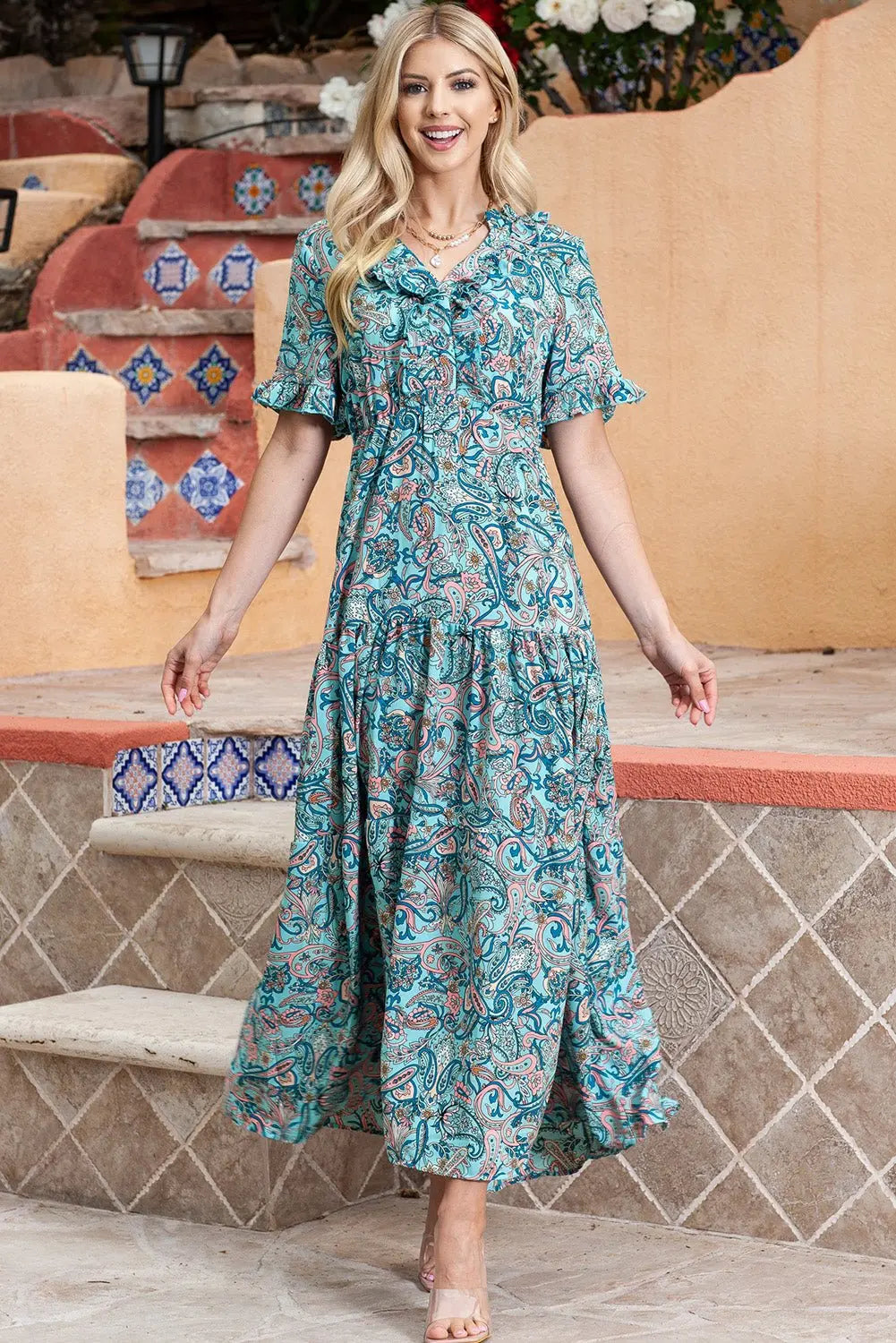 Paisley Print Flounce Sleeve Maxi Dress - Dress - Turquoise - Bella Bourget