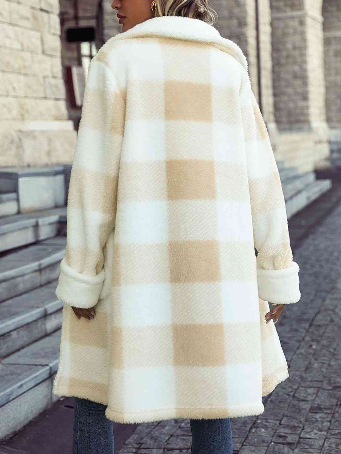 Plaid Button Down Coat with Pockets - Coat - Beige - Bella Bourget