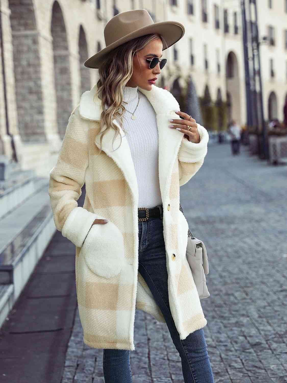 Plaid Button Down Coat with Pockets - Coat - Beige - Bella Bourget