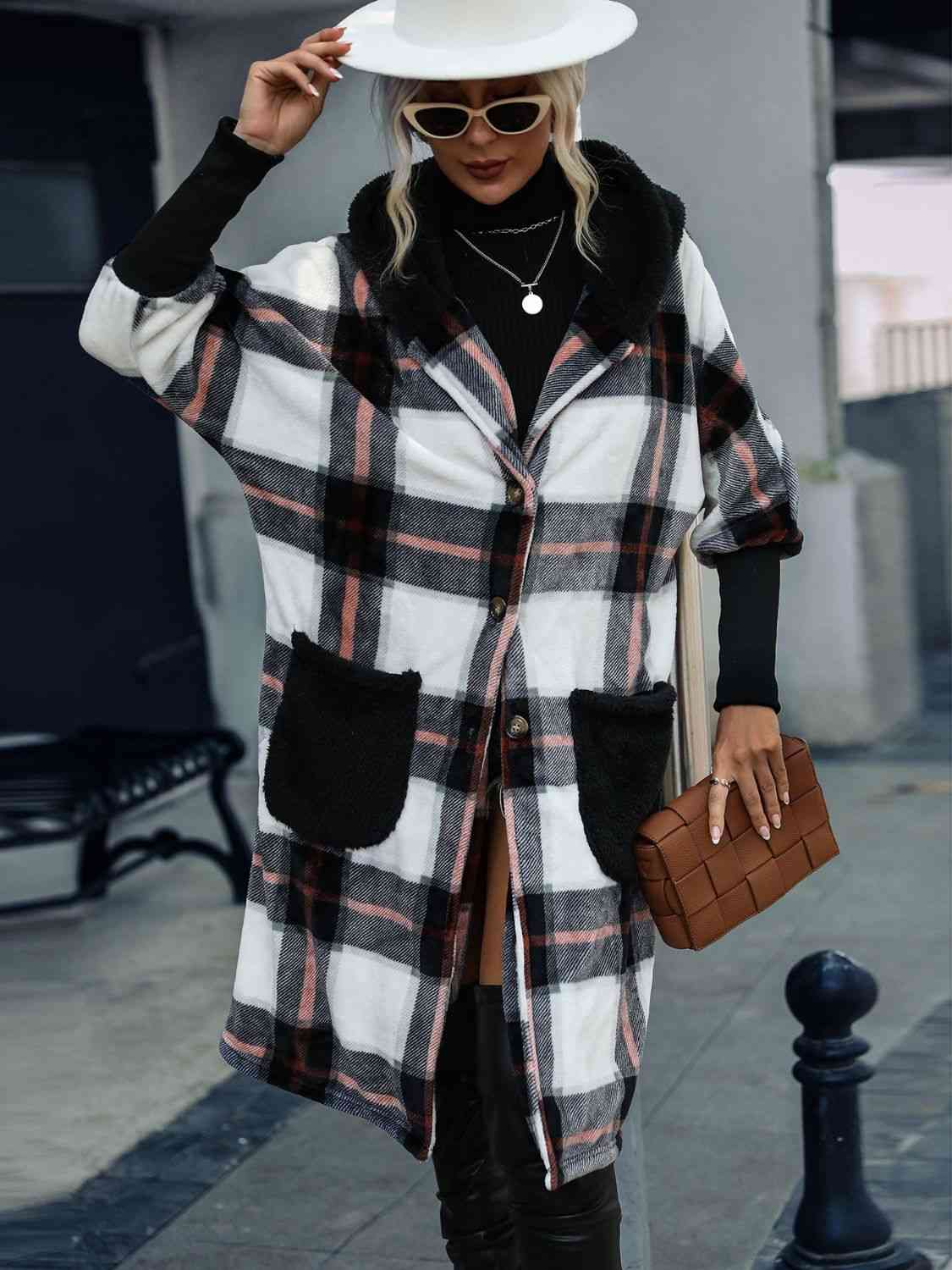 Plaid Button Down Hooded Jacket - Jacket - Black - Bella Bourget