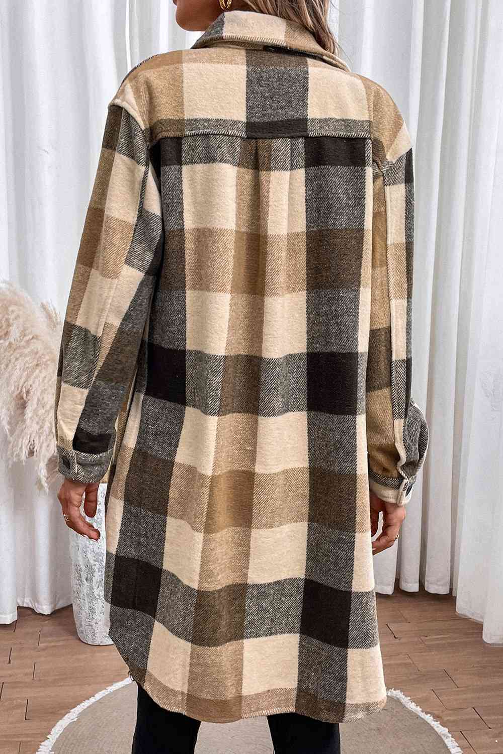 Plaid Button Down Longline Coat - Jacket - Tan - Bella Bourget