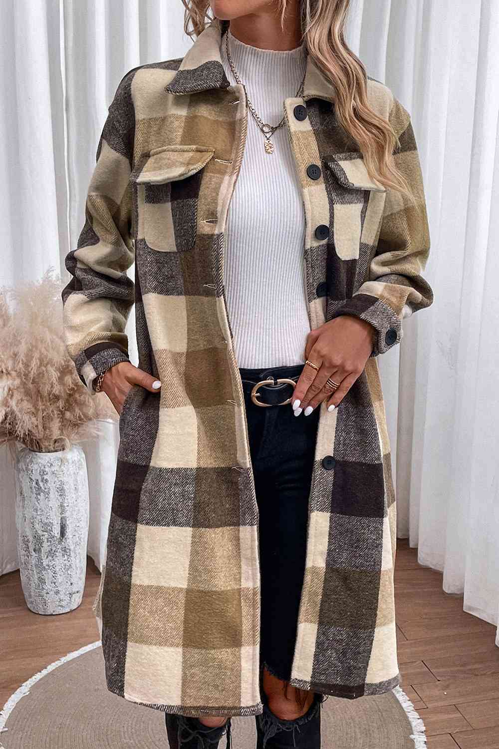 Plaid Button Down Longline Coat - Jacket - Tan - Bella Bourget