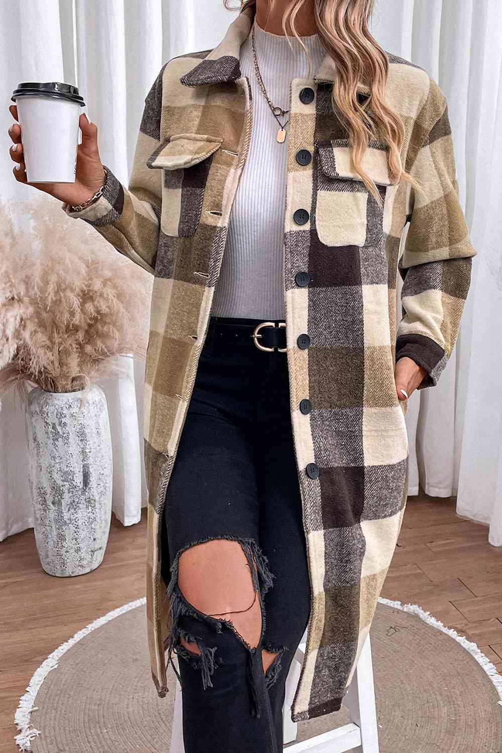 Plaid Button Down Longline Coat - Jacket - Tan - Bella Bourget