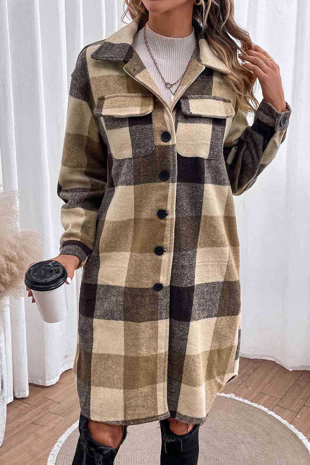 Plaid Button Down Longline Coat - Jacket - Tan - Bella Bourget