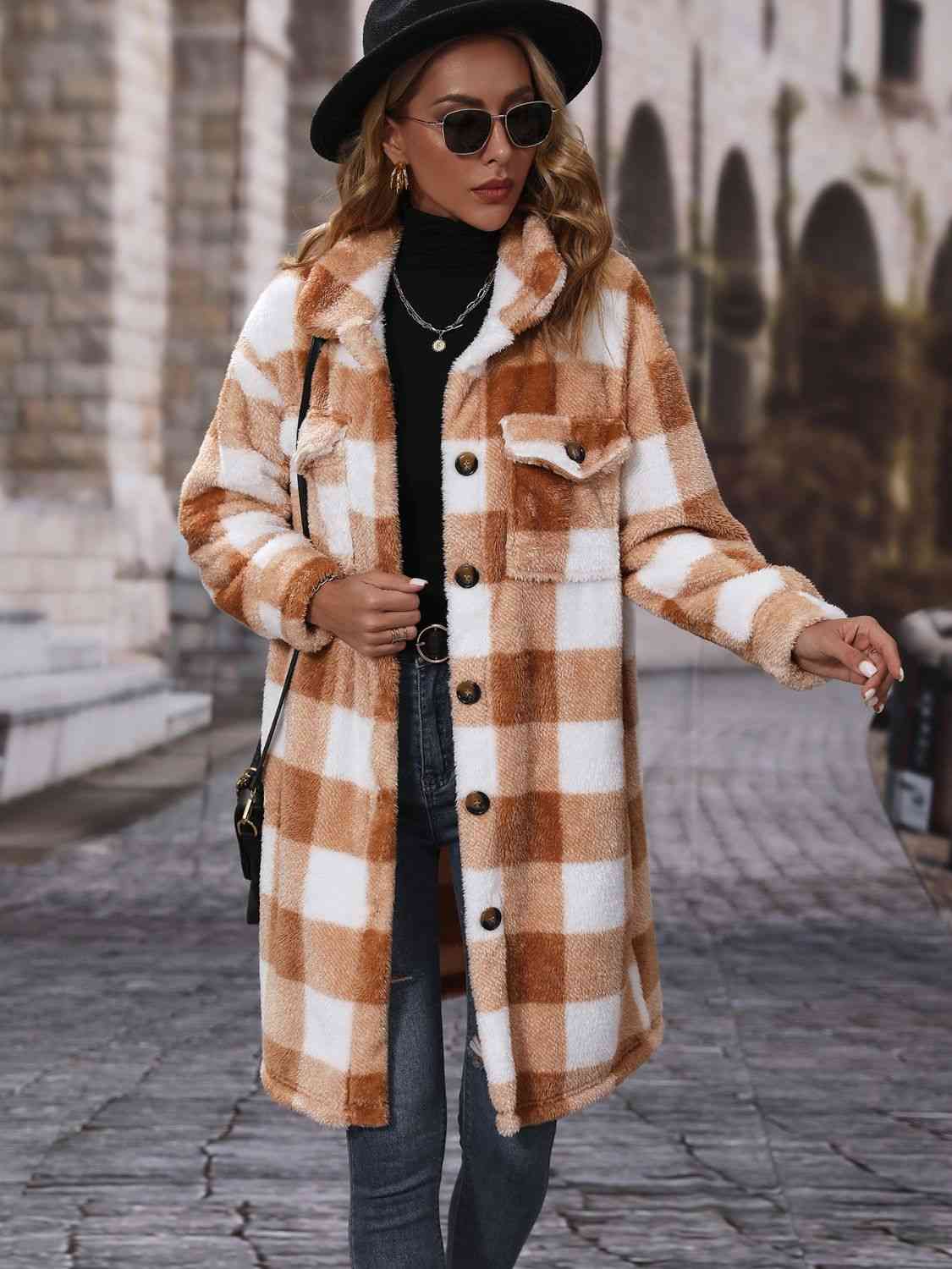 Plaid Button Down Coat - Coat - Chestnut - Bella Bourget