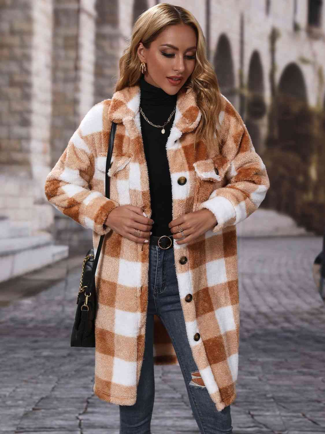 Plaid Button Down Coat - Coat - Chestnut - Bella Bourget