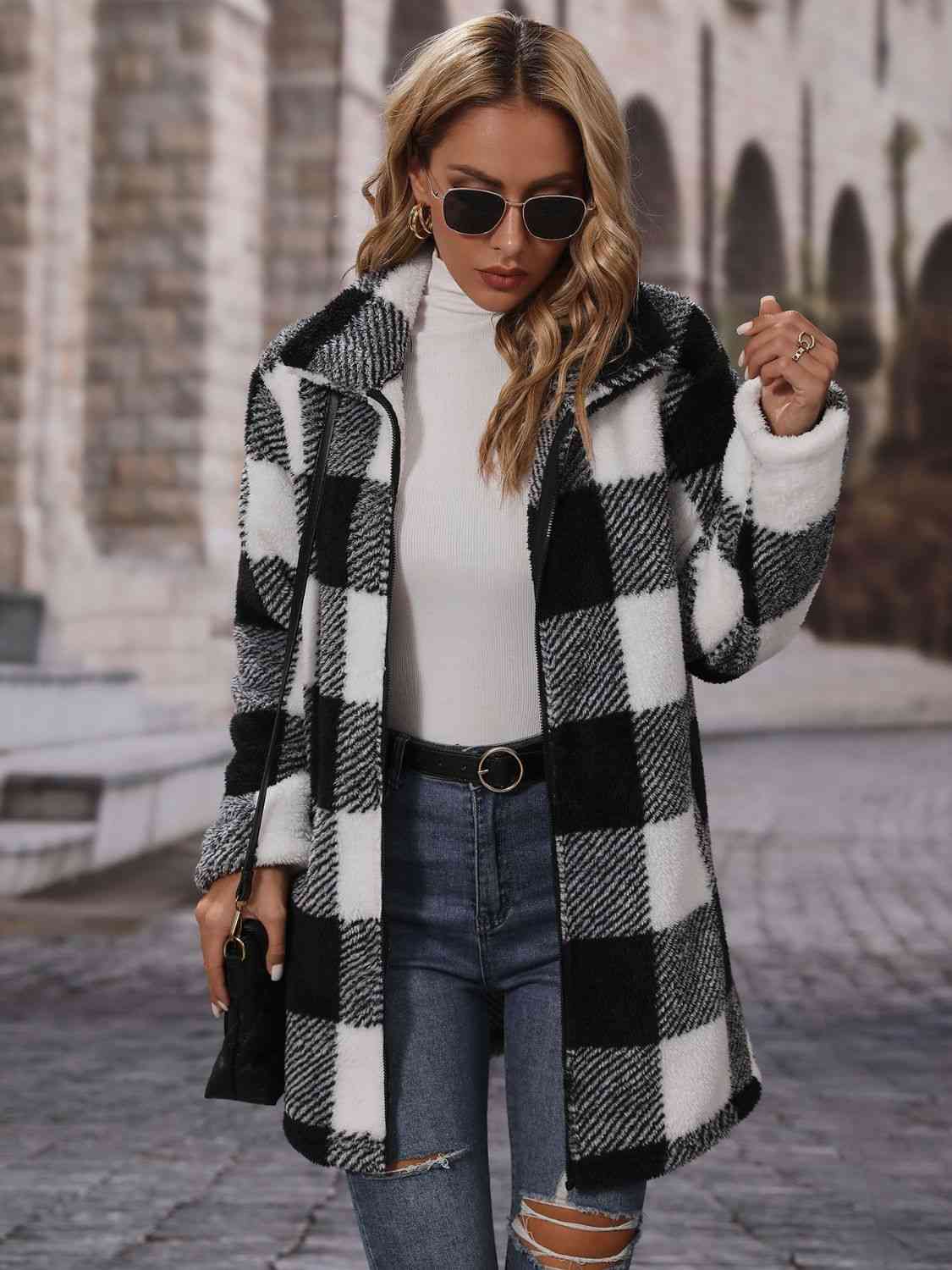 Plaid Collared Neck Coat with Pockets - Coat - Black - Bella Bourget