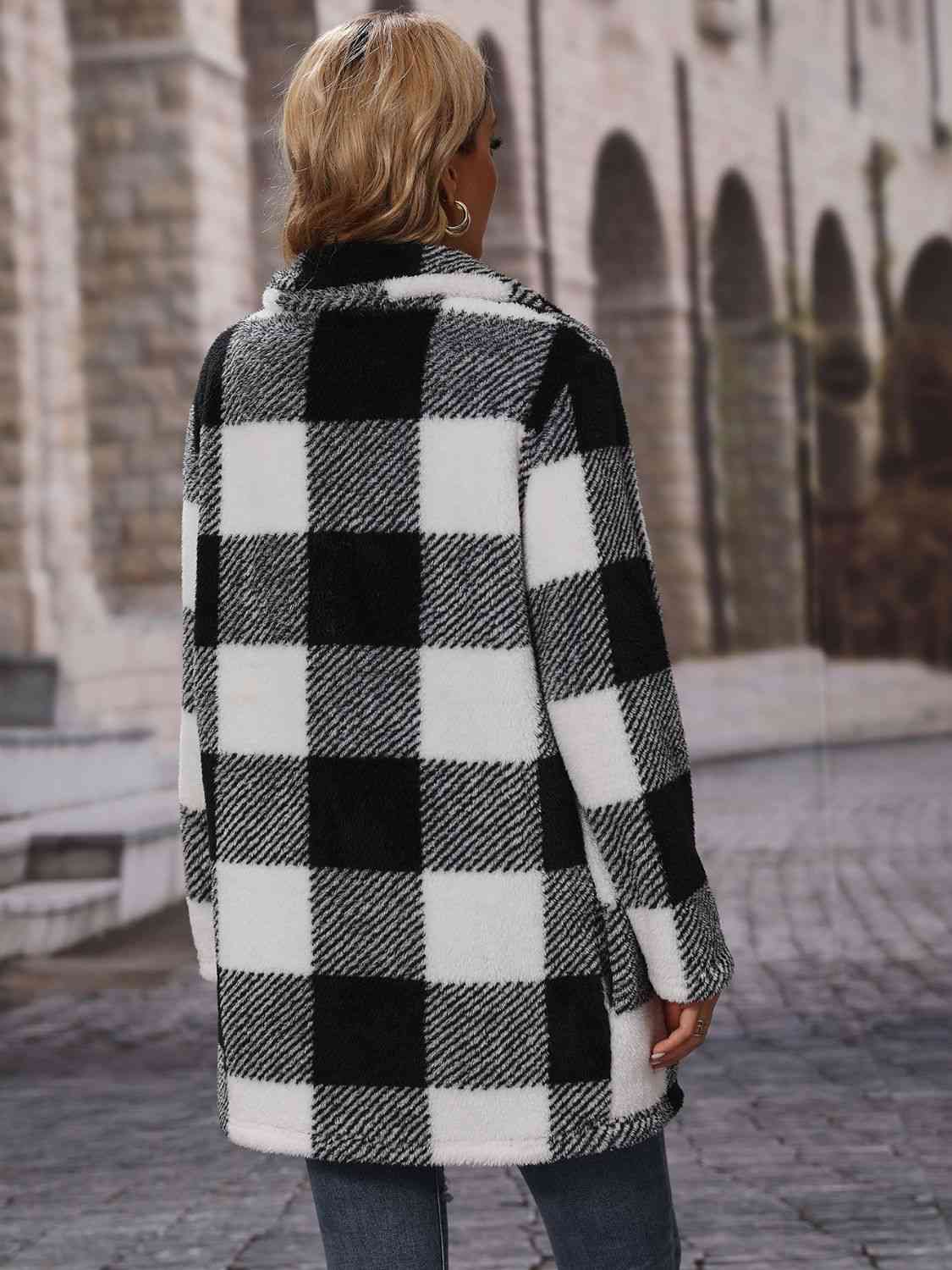 Plaid Collared Neck Coat with Pockets - Coat - Black - Bella Bourget