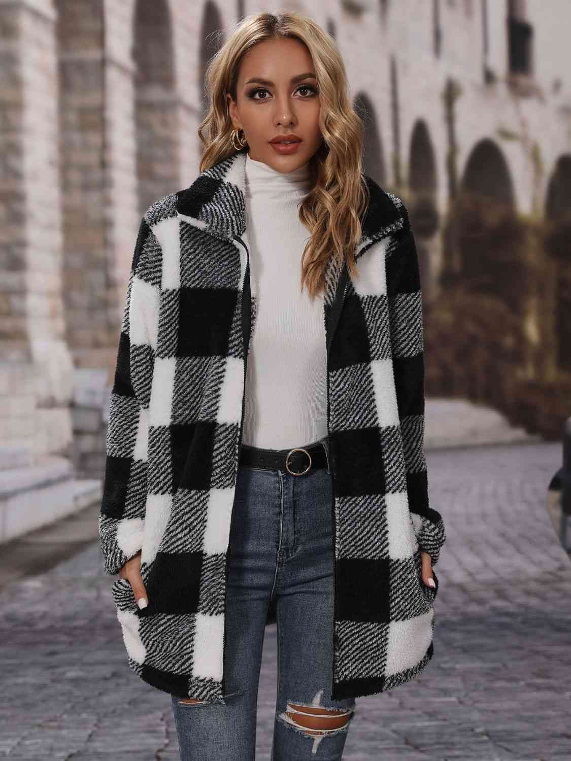 Plaid Collared Neck Coat with Pockets - Coat - Black - Bella Bourget