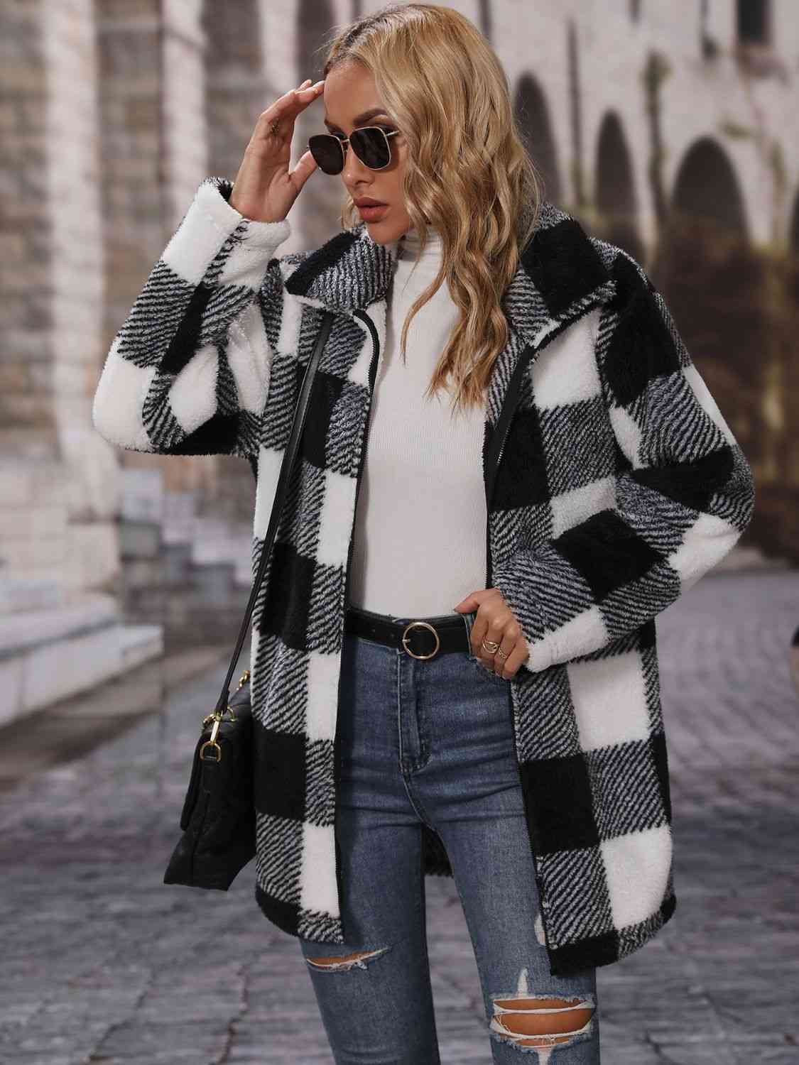 Plaid Collared Neck Coat with Pockets - Coat - Black - Bella Bourget