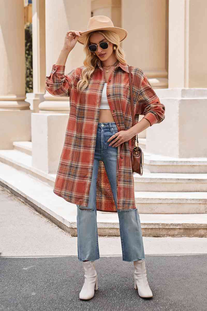 Plaid Long Coat - Coat - Brick Red - Bella Bourget