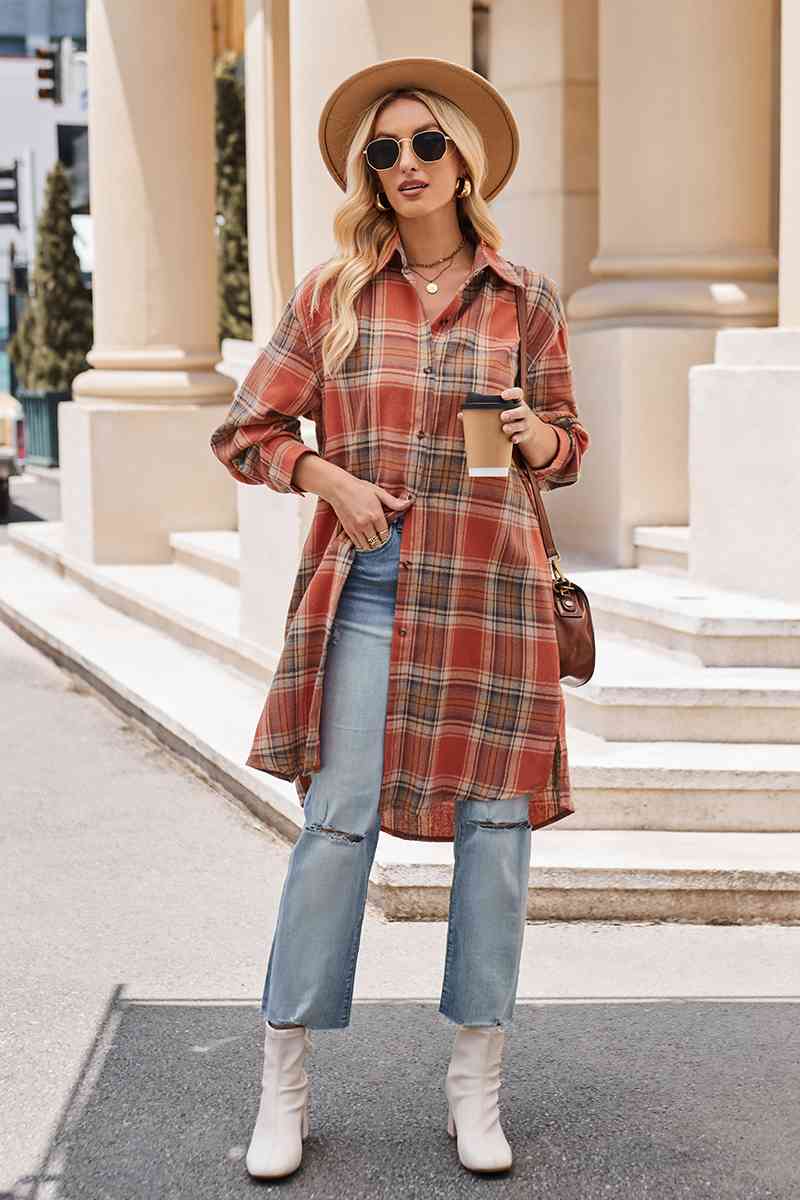 Plaid Long Coat - Coat - Brick Red - Bella Bourget