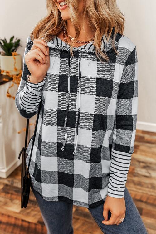 Plaid Drawstring Long Sleeve Hoodie - Hoodie - Black - Bella Bourget