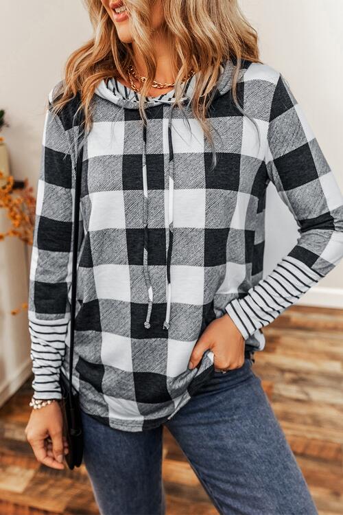 Plaid Drawstring Long Sleeve Hoodie - Hoodie - Black - Bella Bourget