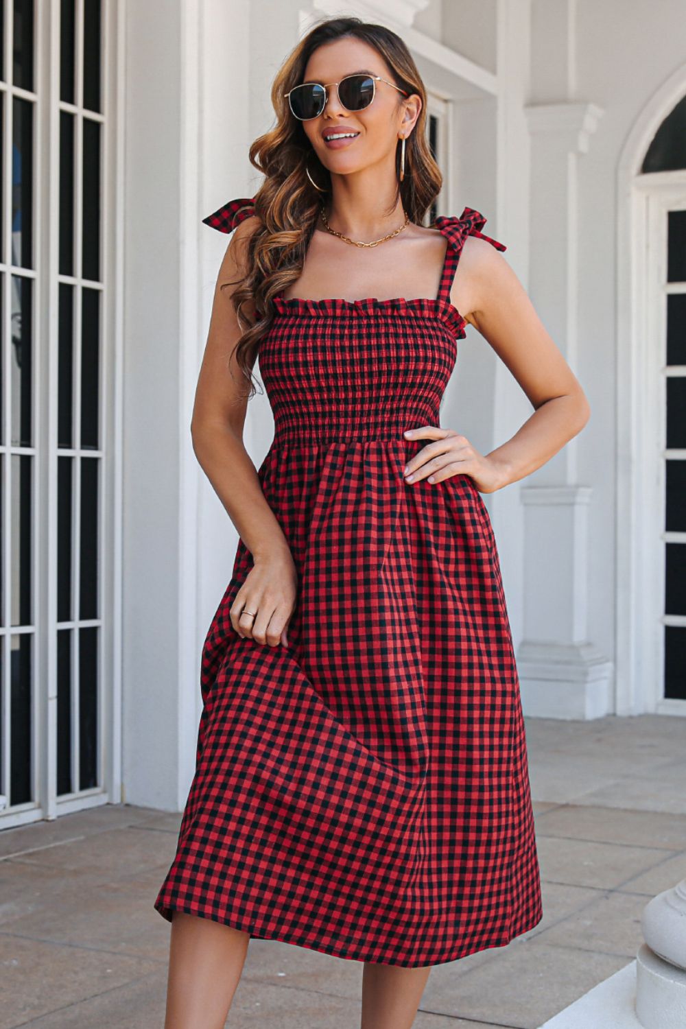 Plaid Frill Trim Tie Shoulder Dress - Dress - Red - Bella Bourget