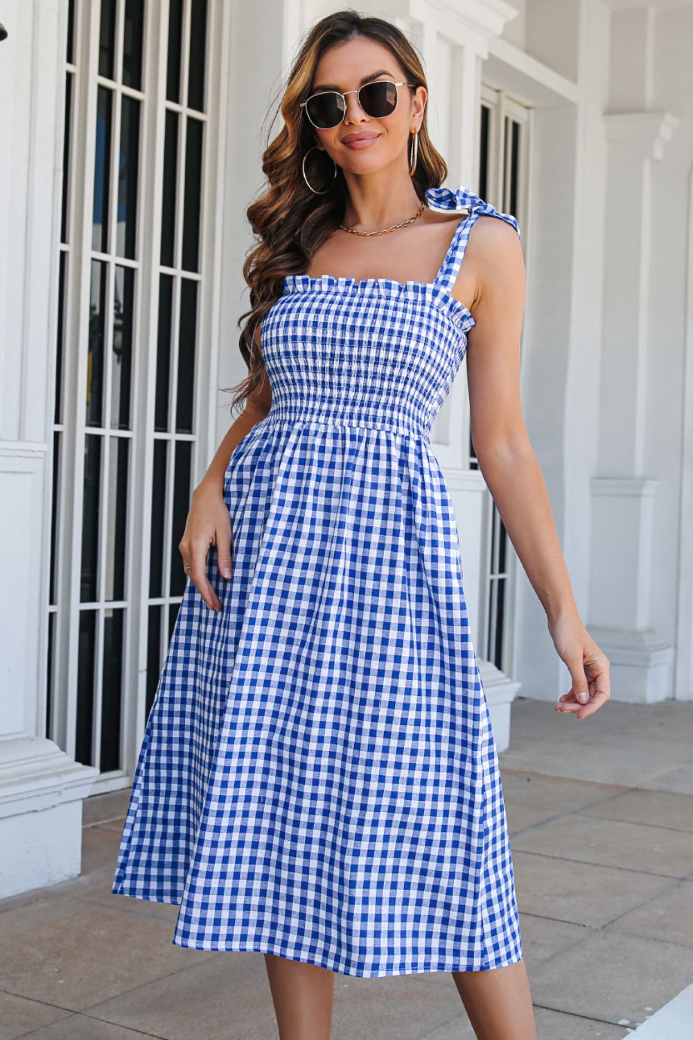 Plaid Frill Trim Tie Shoulder Dress - Dress - Blue - Bella Bourget