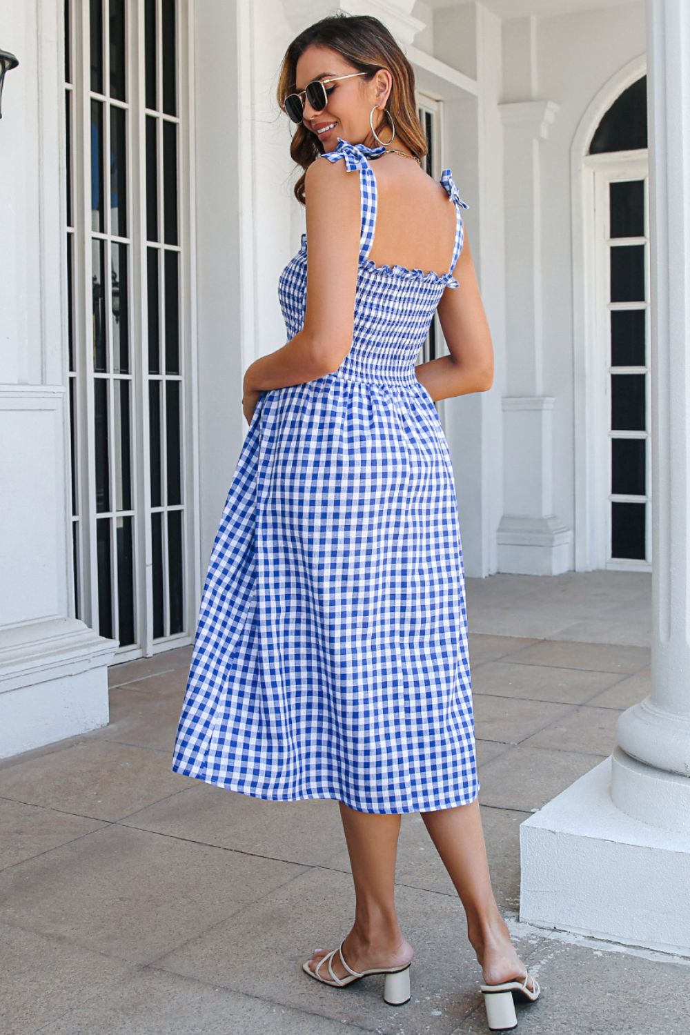 Plaid Frill Trim Tie Shoulder Dress - Dress - Blue - Bella Bourget