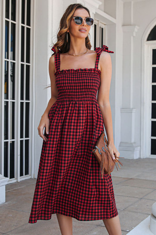 Plaid Frill Trim Tie Shoulder Dress - Dress - Blue - Bella Bourget