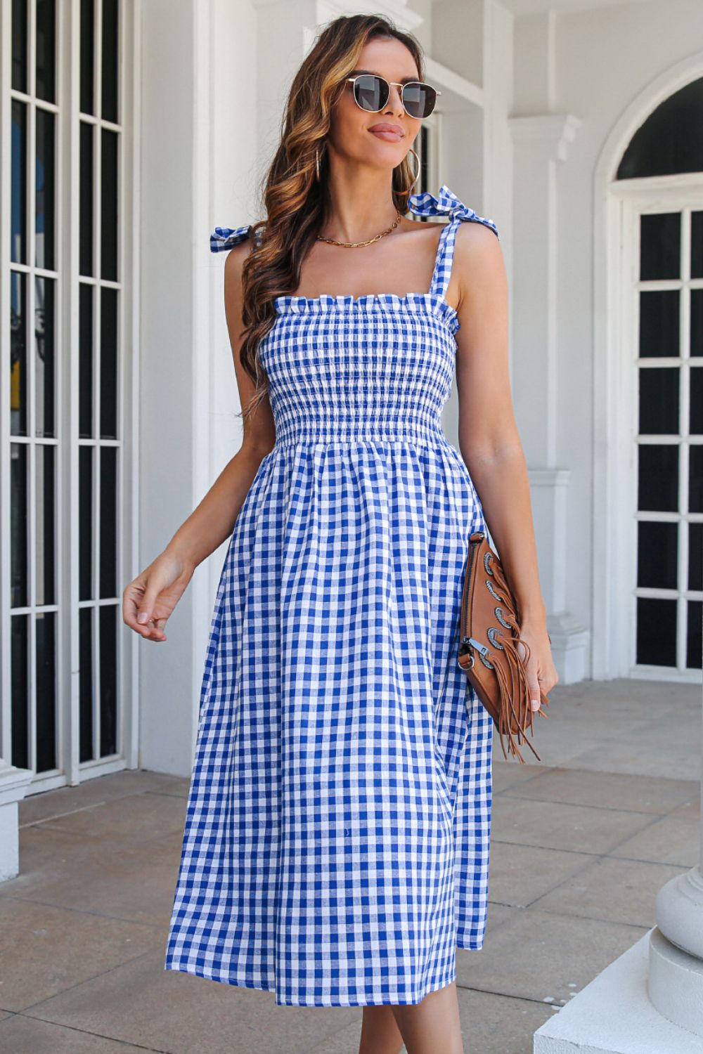 Plaid Frill Trim Tie Shoulder Dress - Dress - Blue - Bella Bourget