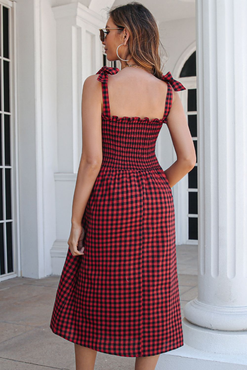 Plaid Frill Trim Tie Shoulder Dress - Dress - Red - Bella Bourget