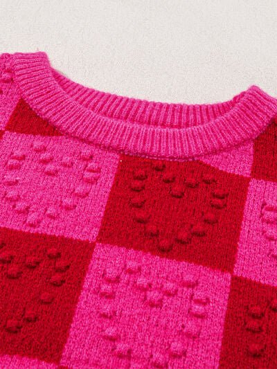 Plaid Heart Round Neck Sweater - Sweater - Scarlet - Bella Bourget