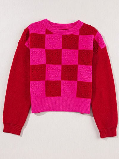 Plaid Heart Round Neck Sweater - Sweater - Scarlet - Bella Bourget