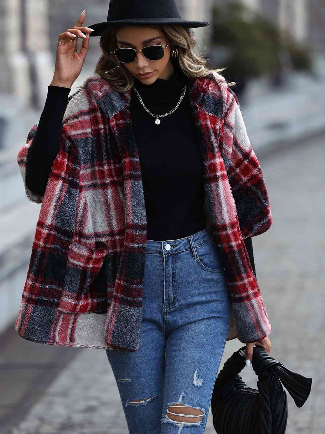 Plaid Hooded Coat with Pockets - Coat - Black - Bella Bourget