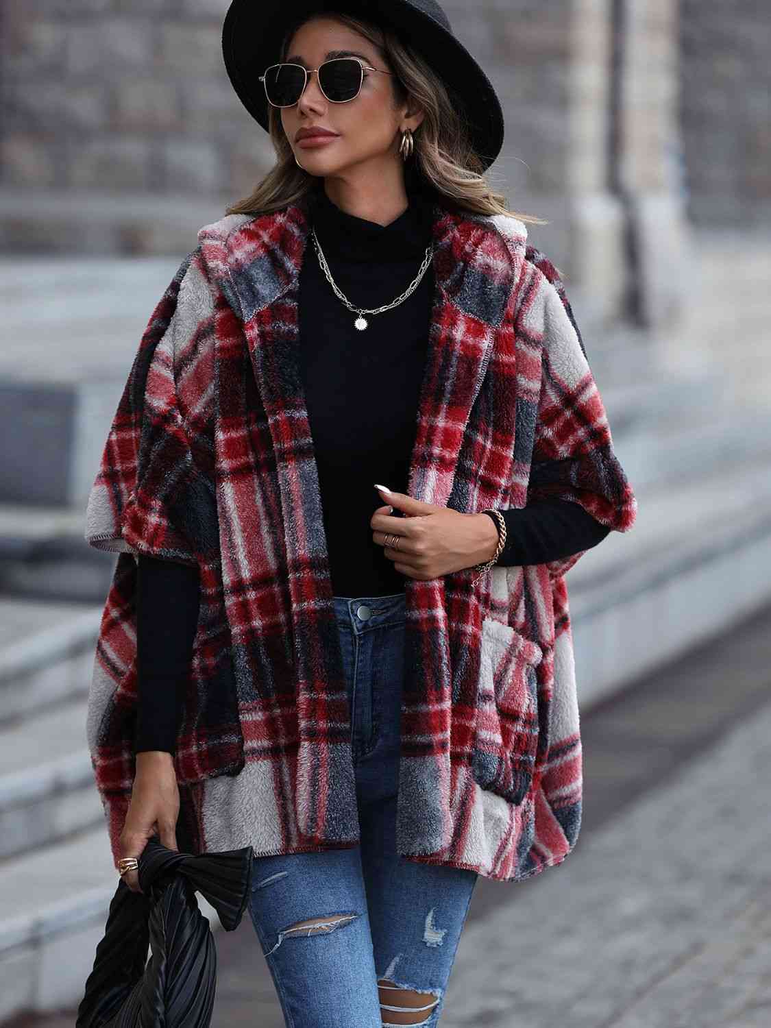 Plaid Hooded Coat with Pockets - Coat - Black - Bella Bourget