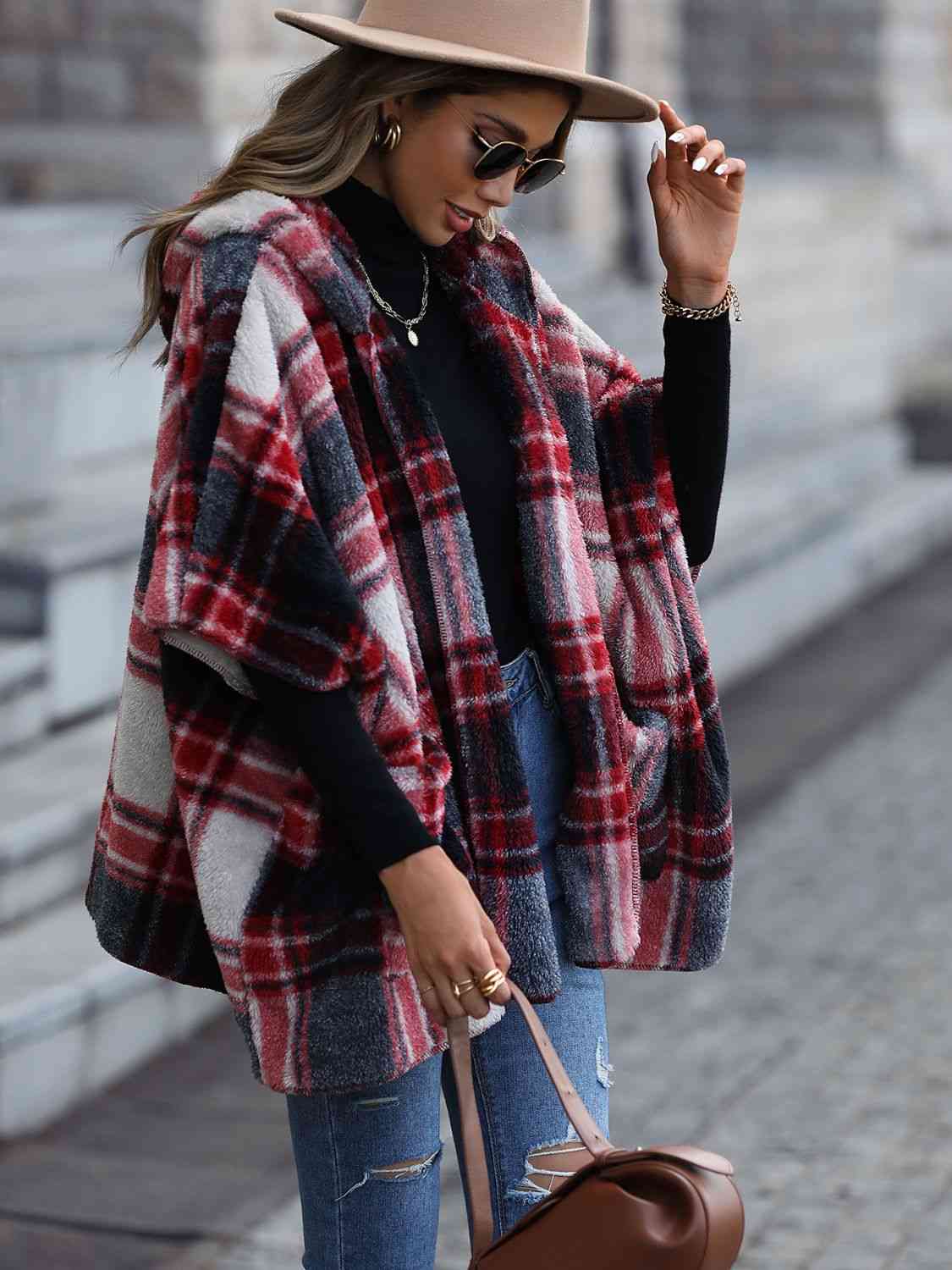 Plaid Hooded Coat with Pockets - Coat - Black - Bella Bourget